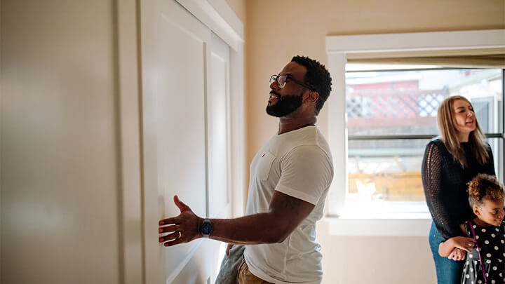 A family admiring their new home